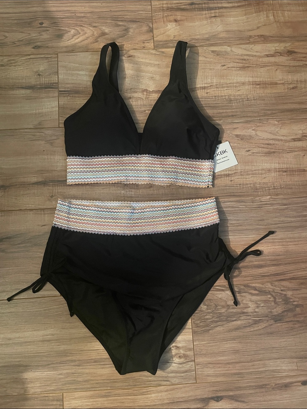 Black High-Waist Bikini Set with Multicolor Trim